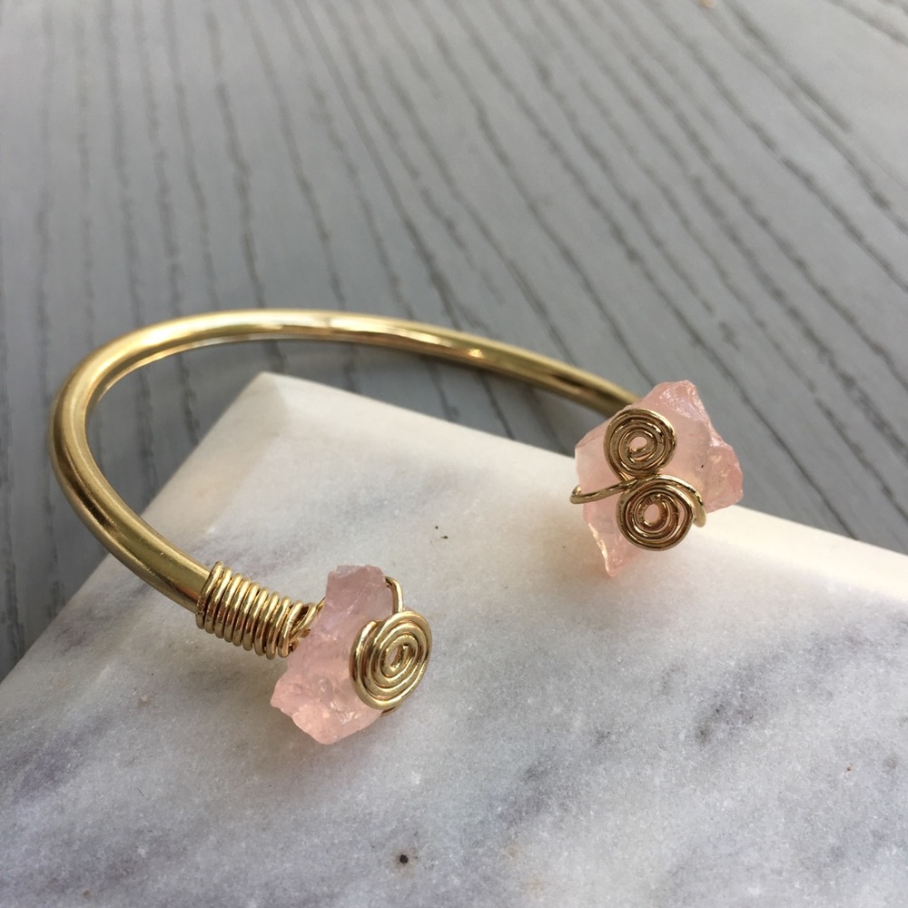 Boho Gold Metal Pink Crystal Wired Bangle Bracelet - Picture 2 of 8